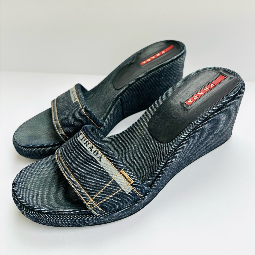 Prada Women's Denim Wedge Sandals with Dust Bag– Size 8